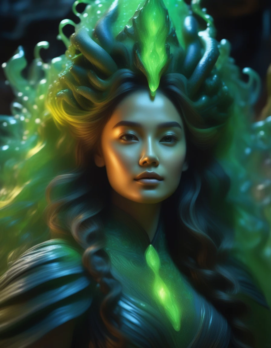 a beautiful (slime girl:2.0) transforming in a dark fantasy dungeon, highly detailed and realistic, transparent and glowing skin, stunning young woman, game monster, ultra-detailed, 8k, photorealistic, masterpiece, dramatic lighting, ethereal, otherworldly, glowing, intricate, flowing hair, elegant pose