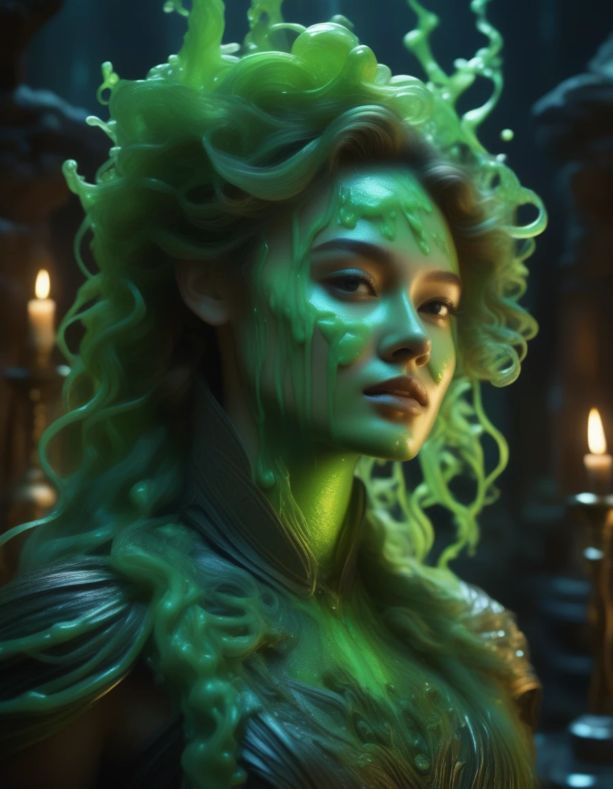 a beautiful (slime girl:2.0) transforming in a dark fantasy dungeon, highly detailed and realistic, transparent and glowing skin, stunning young woman, game monster, ultra-detailed, 8k, photorealistic, masterpiece, dramatic lighting, ethereal, otherworldly, glowing, intricate, flowing hair, elegant pose