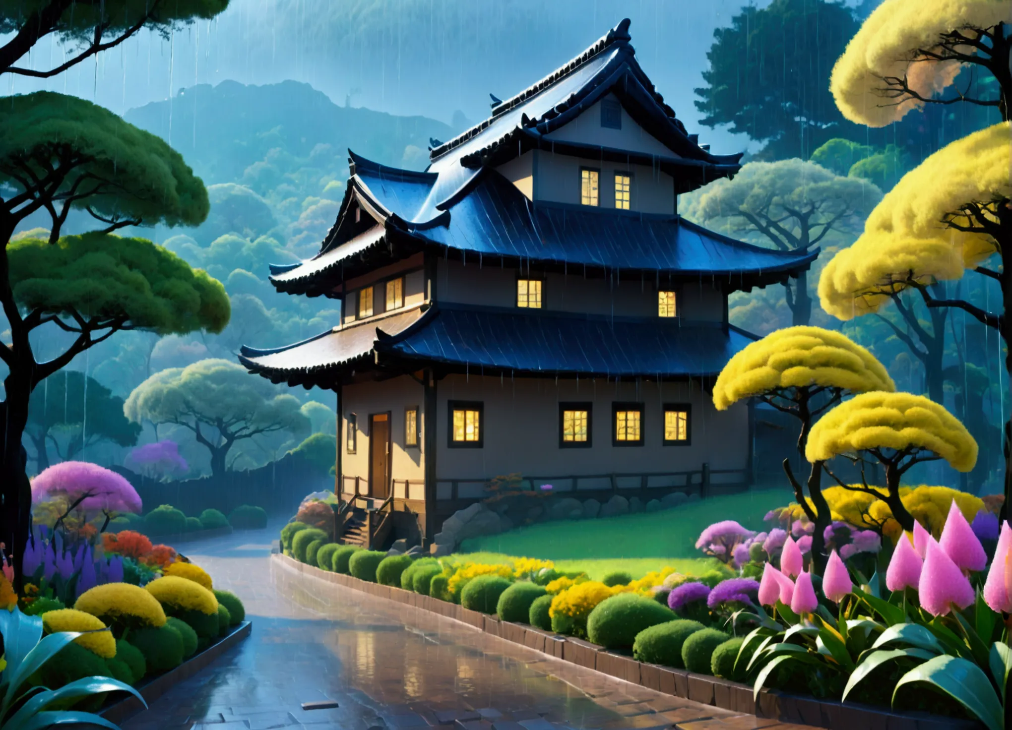 A captivating high-contrast 3D rendering of a fairytale village, where a (((((Heavy rain falling down over))))) set amidst a win...