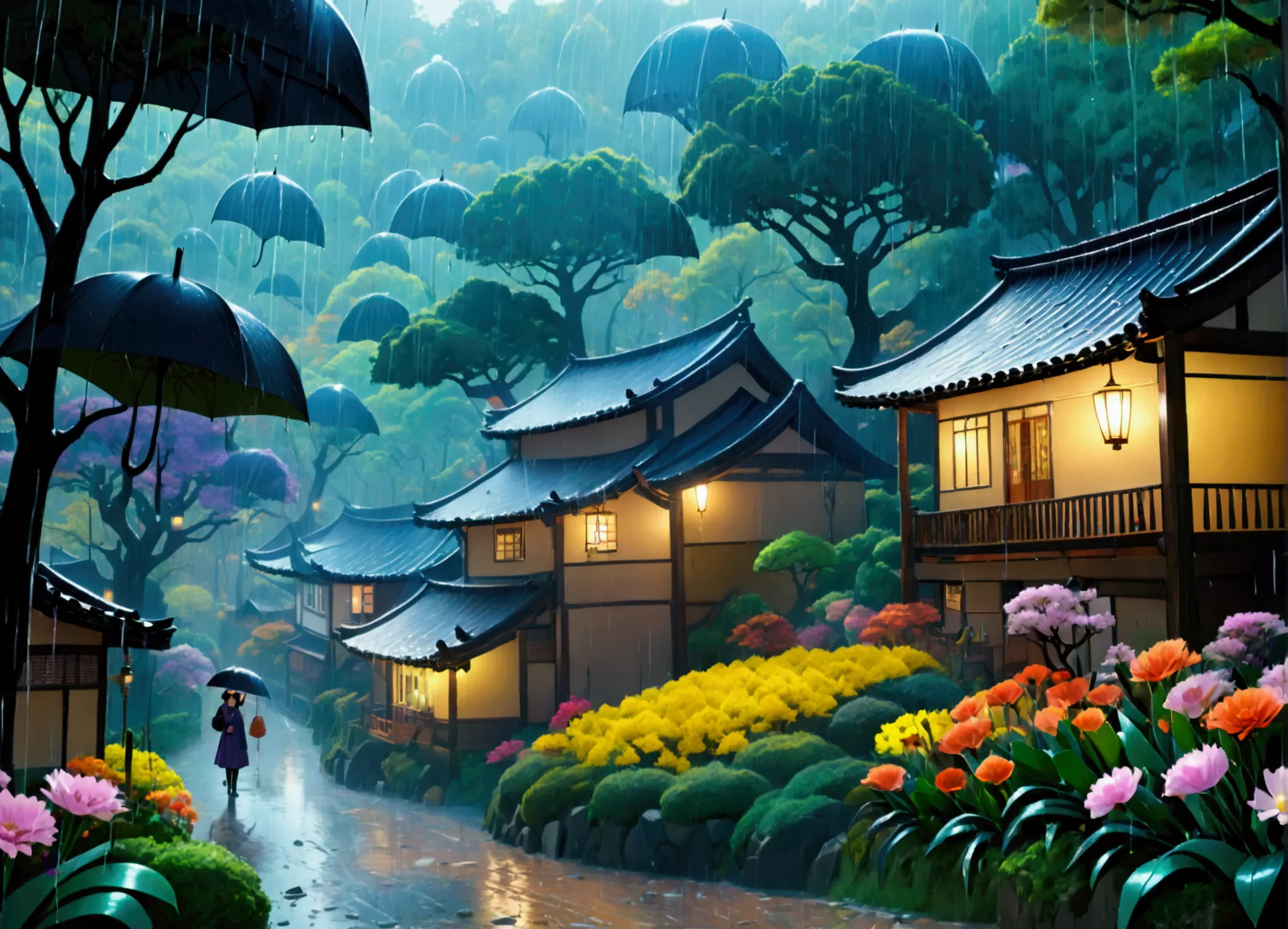 A captivating high-contrast 3D rendering of a fairytale village, where a (((((Heavy rain falling down over))))) set amidst a win...