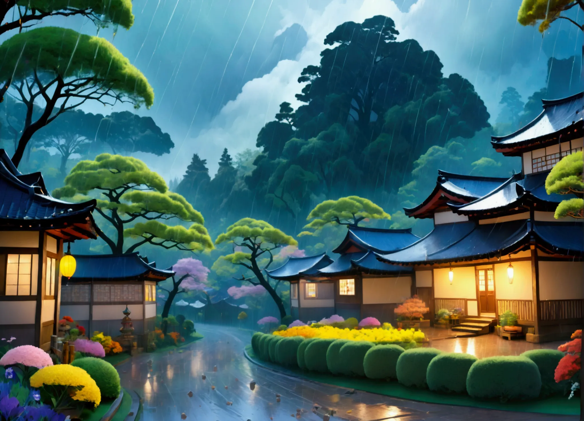 A captivating high-contrast 3D rendering of a fairytale village, where a (((((Heavy rain falling down over))))) set amidst a win...