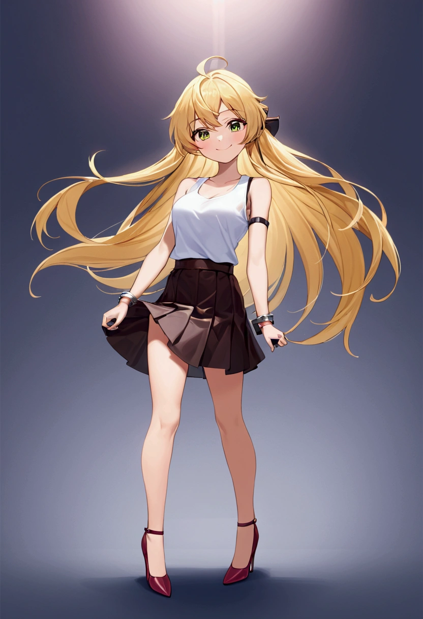 st quality,4k,8k,highres,masterpiece:1.2),ultra-detailed,anime,impressive lighting,colorful,relaxed atmosphere,natural background,beautiful detailed eyes,long eyelashes,sensual red lips,submissive expression,soft skin,subtle makeup,blonde hair,shoulder-length hair,short tank top,short leather skirt,high heels,confident pose,alluring smile", (((police handcuffs))), standing arrest scenescen