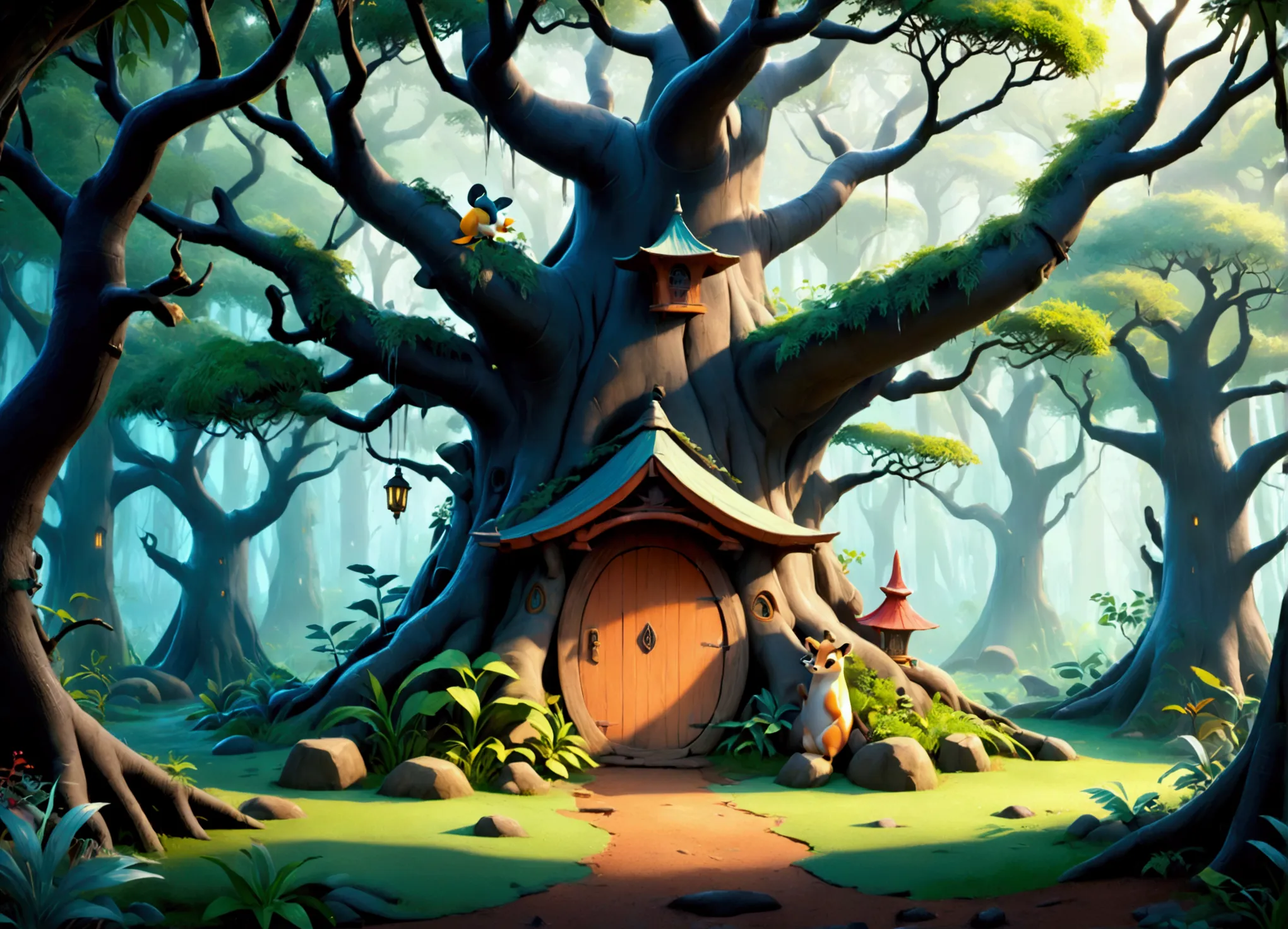 A breathtaking 3D rendering of a magical, Disney-styled forest with ancient trees and rain falling enhances the scene. The encha...