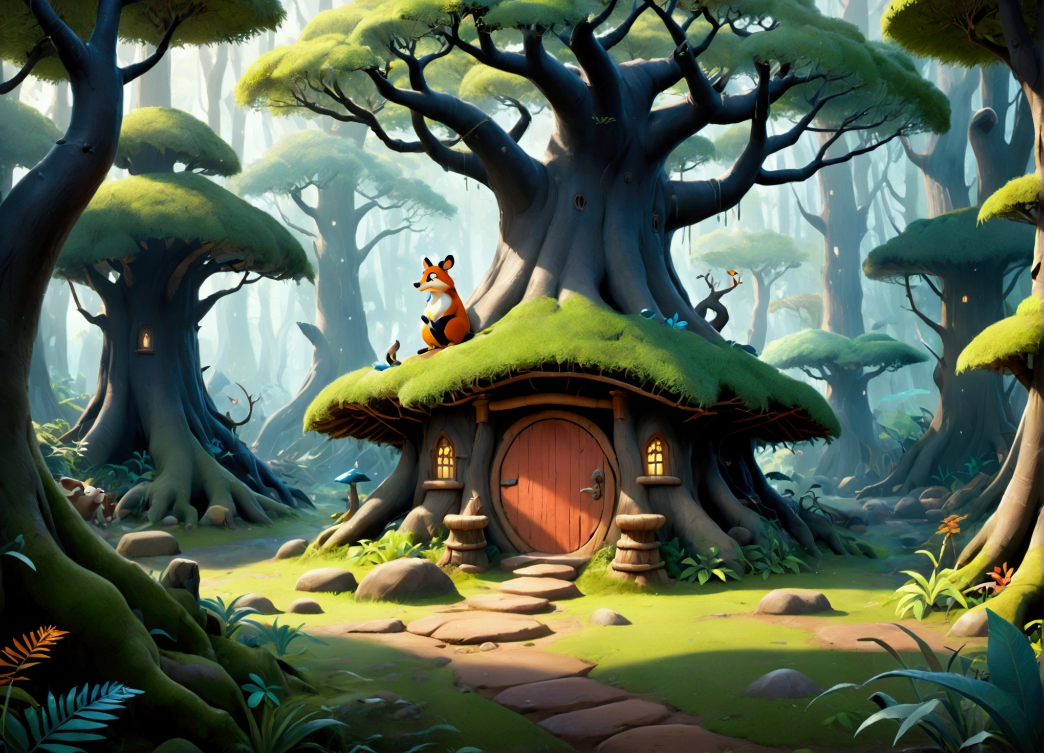 A breathtaking 3D rendering of a magical, Disney-styled forest with ancient trees and rain falling enhances the scene. The enchanted forest is filled with (((a lot of wild animal  empty dens))), a few  of which have one cartoon-style  simple chimneys and cartoon-style wooden doors. Some dens have gates in front of them. around the dens. The forest is silent and solitaire, no animals  around, only trees and empty dens. The vibrant colors and brushstrokes reminiscent of Ukiyo-e art give the image a unique and captivating appearance. The overall atmosphere is cinematic and evokes a sense of wonder, transporting viewers into a fantastical world.