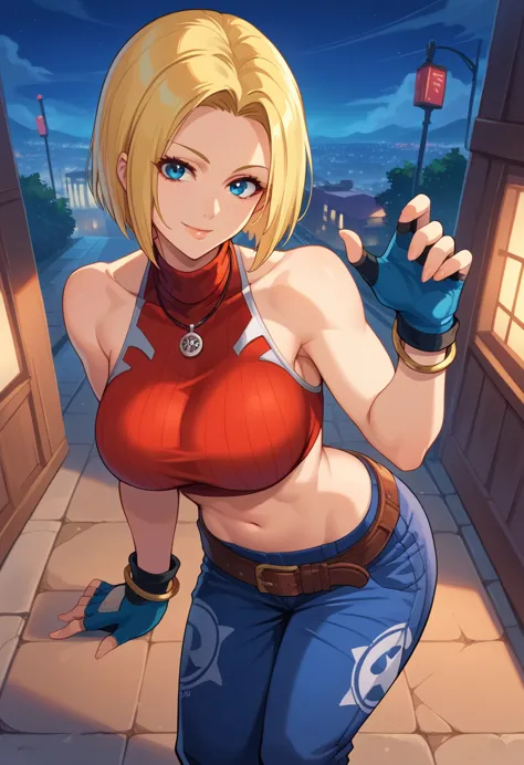 score_9, score_8_up, score_7_up, 1girl, solo, bluemary, short hair, blue eyes,pants, crop top, turtleneck, belt, large breasts, ...