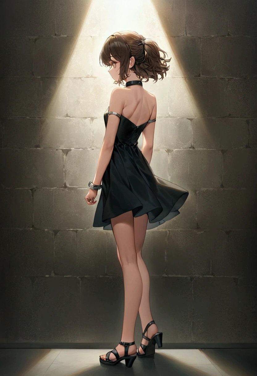 Excellent image, girl in a short dress with open shoulders, wearing high heel sandals, stands facing the wall, hands behind your back, handcuffs on hands