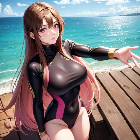 Beautiful woman, long hair, brown hair, pink eyes, smiling, large breasts, gold and black wetsuit, standing, on wooden dock