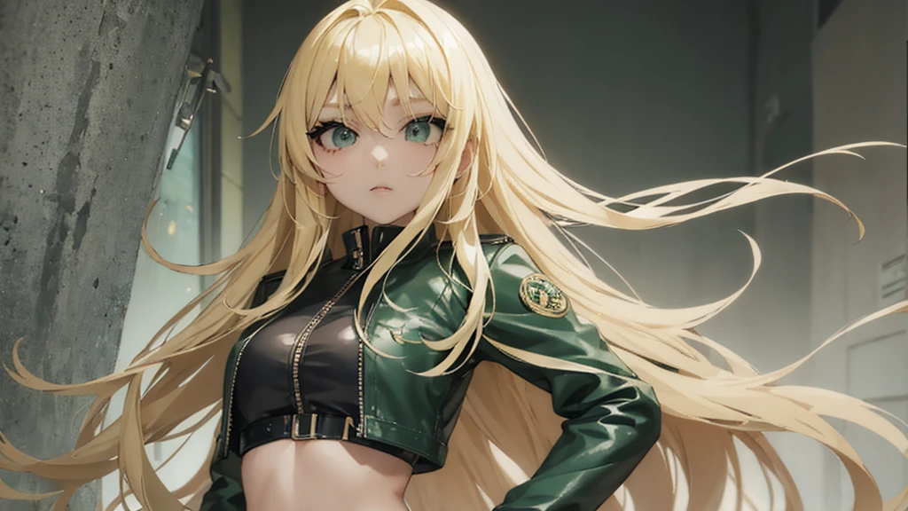 Koreanisch、Anime-Mädchen mit blonden Haaren und einer grünen Lederjacke, die für die Kamera posiert, blondes Anime-Mädchen mit langen Haaren, Erstellt von Anime Painter Studio, Die feineren Details. Mädchen&#39; An vorderster Front, Gemalt von einem Anime-Künstler&#39;s Studio, Detaillierte digitale Anime-Kunst, Porträt einer weiblichen Anime-Heldin, detailliertes Portrait eines Anime-Mädchens, Digitale Anime-Illustration, from Mädchen&#39; An vorderster Front, Anime-Stil wie Fate/übernachte