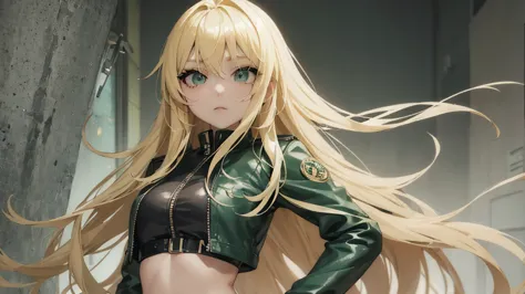 Korean、Anime girl with blonde hair and wearing a green leather jacket posing for the camera, blonde anime girl with long hair, C...