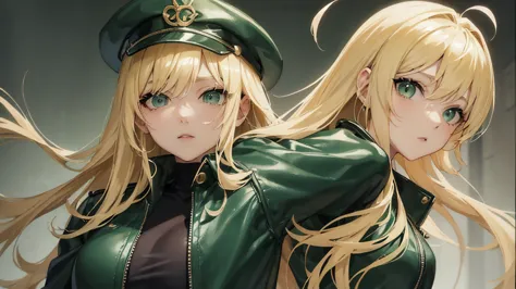 Korean、Anime girl with blonde hair and wearing a green leather jacket posing for the camera, blonde anime girl with long hair, C...