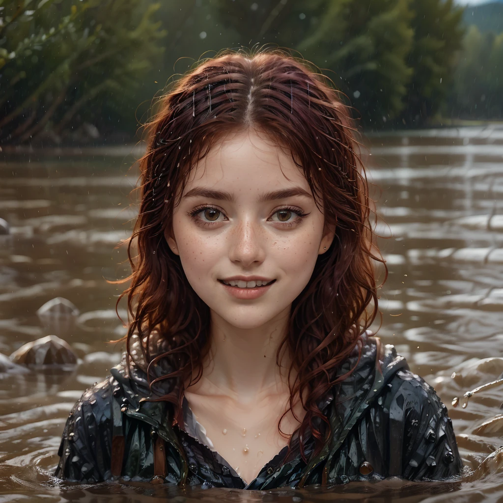 (Masterpiece, best quality:1.4), best quality, winter, ice, the head of a european model, she wears a wet white see-through bikini, red wet hair, ultra_photorealistic, detailed_face, sidebangs , dark brown eyes, she swims, submerged up to her neck, in a deep torrent icy river between ice floes, cloudy cold day, it snows heavily, but she has fun, she smiles, her hair and face are soaking wet and full of water drops, seen from a distance, snowy shore with snowy wood in background