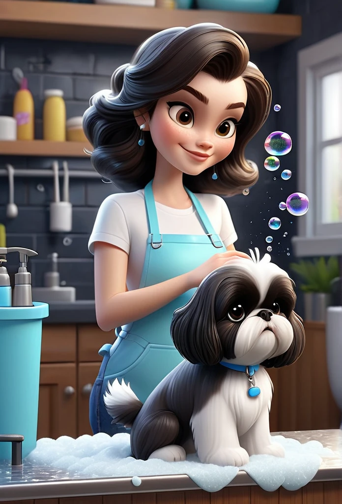 One cute white woman dog groomer with long brown hair, wearing a white T shirt and blue jeans, dog groomer, soaking wet, 2 adorable black black black black black Shih Tzu puppies covered in soap bubbles dog grooming equipment in background 3D Pixar style
