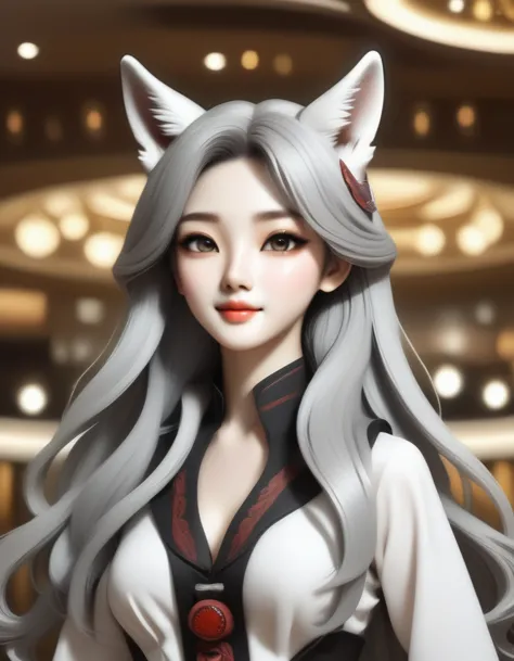 cowboy shot、a human-wolf hybrid girl、(beautiful detailed wolf face: 1.8)、beard、long grey hair、beautiful detailed skin、slim fit b...