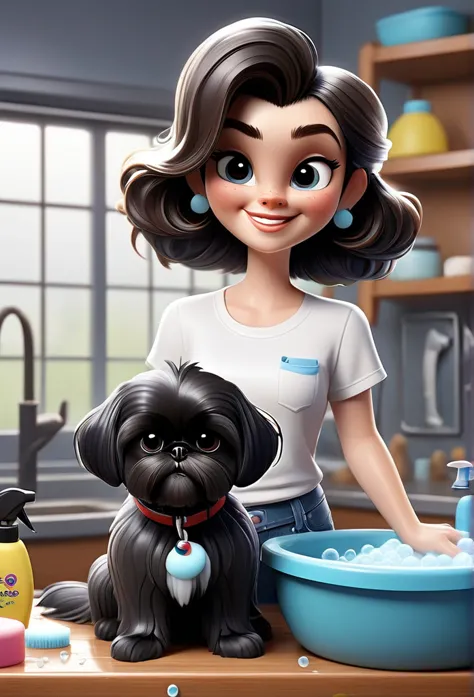 one cute white woman dog groomer with long brown hair, wearing a white t shirt and blue jeans, dog groomer, soaking wet, adorabl...