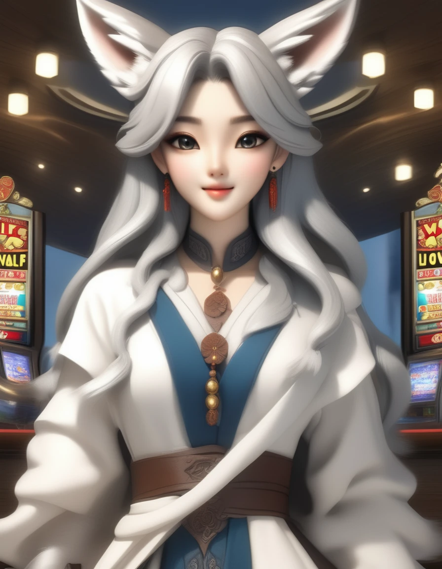 Cowboy Shot、A human-wolf hybrid girl、(Beautiful detailed wolf face:2.0)、beard、Long grey hair、Beautiful detailed skin、Slim fit body、Large Breasts、Six Pack Abs、Bunny Girl Costume、Bunny ears、Raise two hands to show armpits、Casino Background、 (Highest quality、4K、8k、High Resolution、masterpiece:1.2)、Super detailed、(Real、Photorealistic、Photorealistic:1.37)、Detailed eyes、Detailed face、gorgeous、elegant、Impression