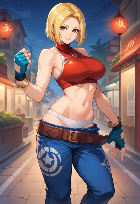 score_9, score_8_up, score_7_up, 1girl, solo, bluemary, short hair, blue eyes,pants, crop top, turtleneck, belt, large breasts, ...