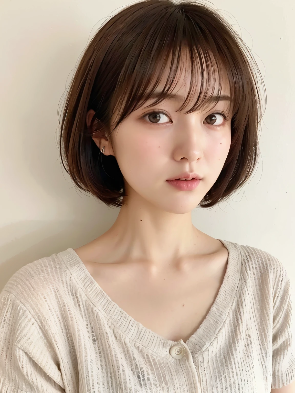 Kurzarm-Cardigan、japanisch woman in her 30s、(Weiße Wand im Hintergrund、Rötliche Haarfarbe)、Profil、Fotografiert vor einer weißen Wand、Stufenschnitt、Sehr empfindliches Haar、(in einem Raum mit weißen Wänden und Fenstern)、((höchste Qualität、8k、Meisterwerk:1.3))、ultrahohe Auflösung、(photoEchtistic:1.4)、RAW-Fotos、japanisch,(Detailaspekte)、Echt、Fotografiert bei natürlichem Licht、Hochdetaillierte Gesichts- und Hautstruktur、sehr detaillierte Lippen、Der richtige Zustand des menschlichen Körpers、Verknüpfungen、Kurzes Haar、schwarzes Haar、verschiedene Posen、Natürliche Lippenfarbe