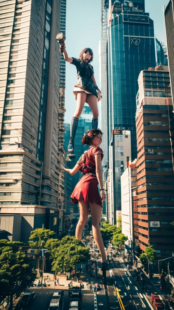 巨人女孩挥舞锤子摧毁城市,坐在建筑物上的女孩,一个巨人女人躺在一座赛博朋克城市的顶端, 穿短裙,小家伙们围着巨人女孩跑来跑去,小人儿惊慌失措地逃跑了,很多汽车经过, 站在她的手上, cg社会 9, 2. 5D CGI 幻想艺术, 引擎渲染虚幻 + 女神, 全身 cgsociety, 艺术胚芽 ; 超现实的 3D 内容, 巨型艺术, 超精细的 3D 哑光绘画, 超精细的 3D 哑光绘画, 现实幻想艺术, 逼真的 3D 动漫风格. 美丽的女孩. 大腿."男孩站在高楼顶上向女孩挥手". 彩色超4k.小人儿惊慌失措地逃跑了.巨人来袭.涩谷,东京.樱花.