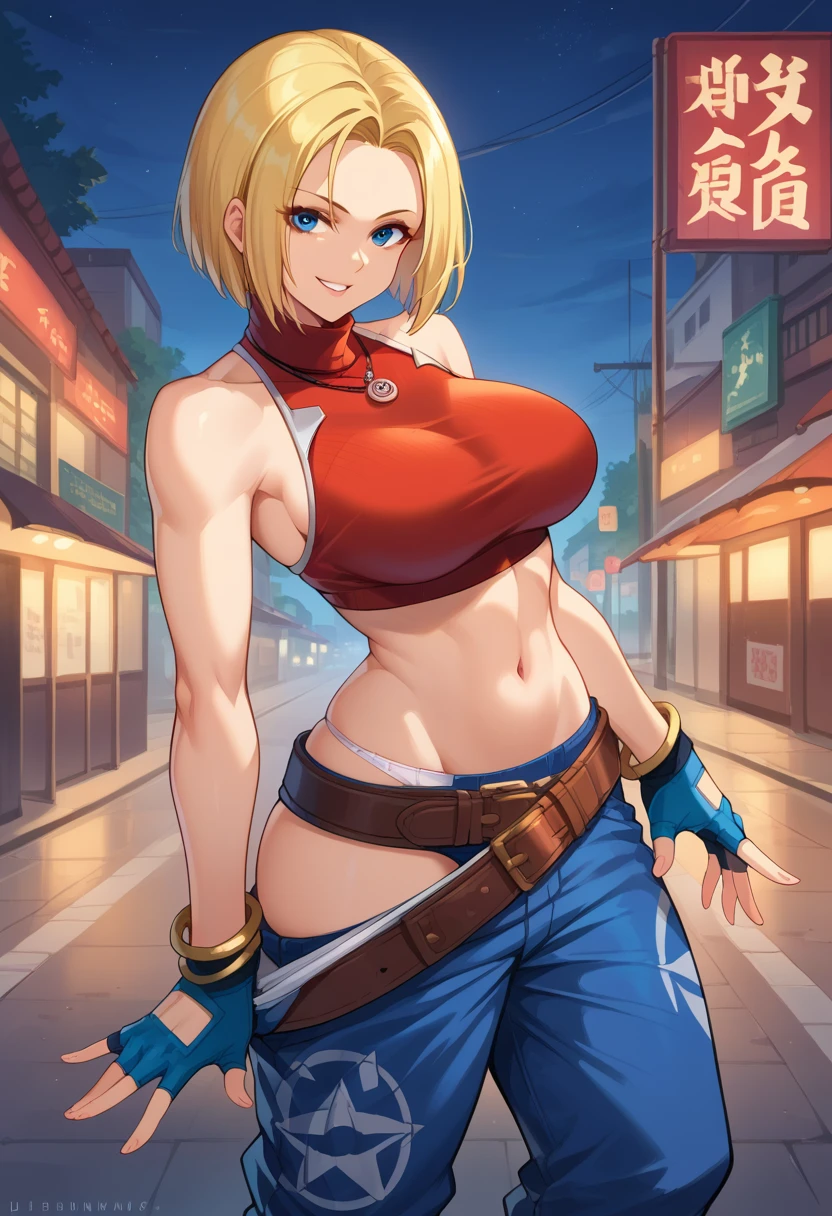 score_9, score_8_up, score_7_up, 1girl, solo, BlueMary, short hair, blue eyes,pants, crop top, turtleneck, belt, large breasts, fingerless gloves, necklace, standing, ((pulling down pants)), white panties, standing, flirtatious smile, looking at you, night, street, illimunated city,