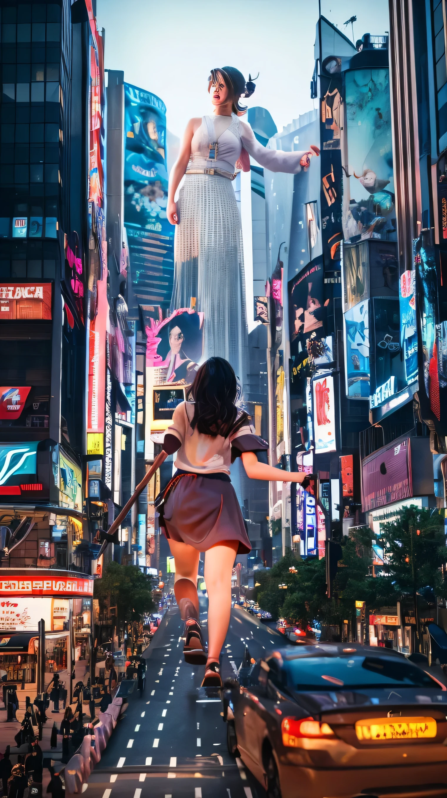 La niña gigante empuña un martillo y destruye la ciudad.,Chica sentada en un edificio,Una mujer gigante tumbada en lo alto de una ciudad cyberpunk., usar faldas cortas,Pequeños chicos corriendo alrededor de la niña gigante.,La personita entró en pánico y se escapó.,Pasan muchos coches, De pie sobre su mano, cgsociedad 9, 2. arte de fantasía 5d cgi, El motor se vuelve irreal. + una diosa, sociedad cg de cuerpo completo, artegerm ; Contenido 3D hiperrealista., Arte gigante, pinturas mate 3d súper detalladas, pinturas mate 3d súper detalladas, Arte de fantasía realista, estilo anime realista en 3D. hermosa chica. muslos grandes."El niño estaba en lo alto de un edificio alto saludando a la niña.". Color ultra 4k.La personita entró en pánico y se escapó..Ataque gigante.Shibuya,tokio.sakura.