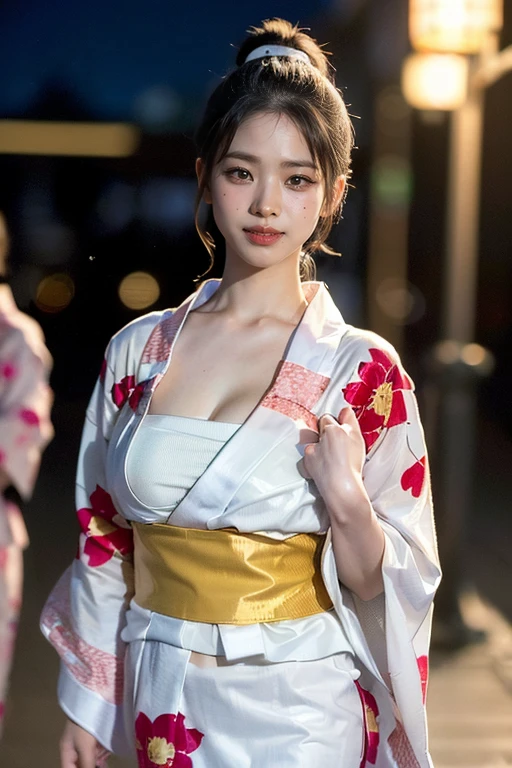 ((((Downn fancy yukata, ponytail, 17 years old))), (walking sideways, festivals, in the city, at night, cleavage that boldly looks through the yukata, looking sideways, walking in parallel, angle from above), (very dark lip gloss, pitch black lipstick, so many eyelashes, pitch black eyeshadow), NSFW, 8k, RAW photos, highest quality, high resolution: 1.1, hyper-realistic: 1.4, Realistic, super detail, photorealistic: 1.3, absurdity, masterpiece, urzan-6500-v1.1:0.33, beautiful_mistake-6500:0.66, pureerosface_v1:0.33, raw photo: 1.2, open mouth, soft light, cinema light, film grain, whole body, depth of field,, blurred background, eye focus, young, 85mm lens, f/1.4, professional lighting, portrait, photon mapping, radiosity, physically based rendering, transparency, Japan girls, sexual arousal: 1.5, realistic face, realistic body, realistic skin, clean: 1.8, teary bogs, watery eyes, raised eyebrows, good style, camel toes, smile, charming smile, fluffy clothes, beautiful collarbones, Beautiful buttocks