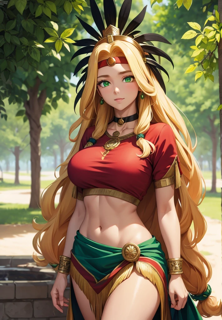 quetzalcoatl, quetzalcoatl, long hair, sidelocks, yellow hair, (green eyes:1.5), wavy hair, (large breast:1.2),
BREAK aztec, bracelet, choker, headband, headdress, jewelry, midriff, navel, short sleeves, wristlet,
BREAK looking at viewer,
BREAK outdoors,
BREAK (masterpiece:1.2), best quality, high resolution, unity 8k wallpaper, (illustration:0.8), (beautiful detailed eyes:1.6), extremely detailed face, perfect lighting, extremely detailed CG, (perfect hands, perfect anatomy),