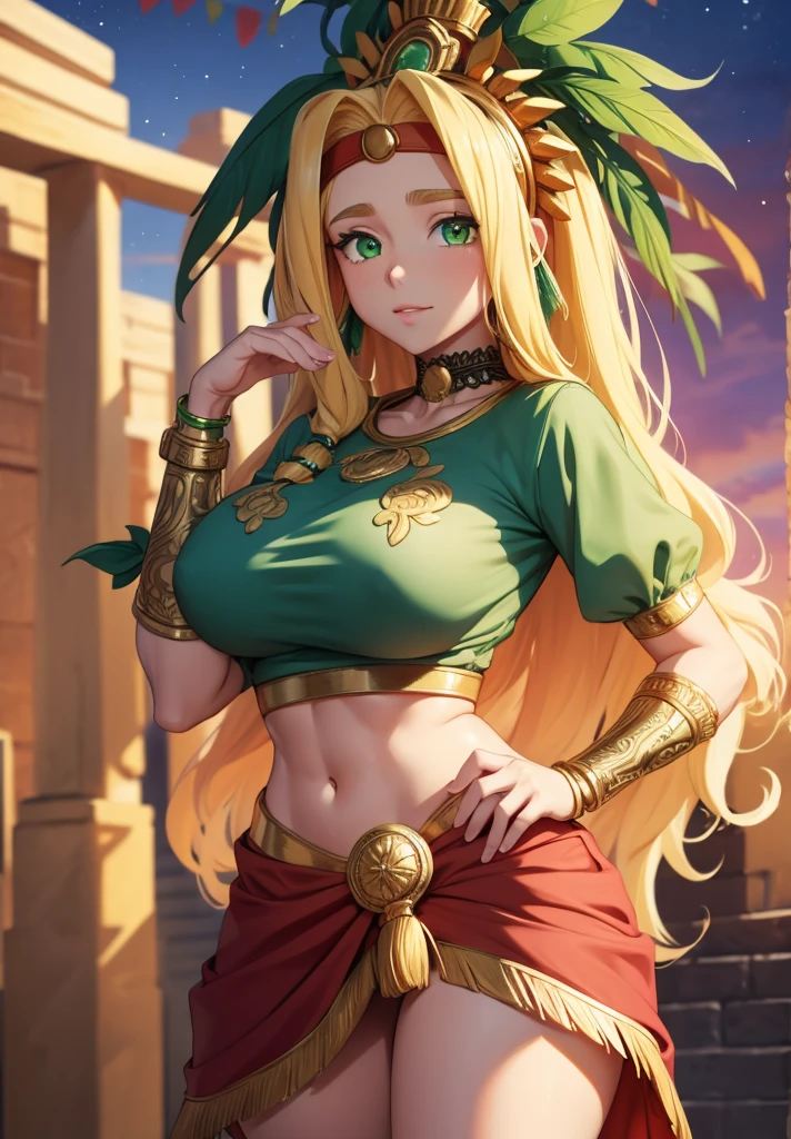 quetzalcoatl, quetzalcoatl, long hair, sidelocks, yellow hair, (green eyes:1.5), wavy hair, (large breast:1.2),
BREAK aztec, bracelet, choker, headband, headdress, jewelry, midriff, navel, short sleeves, wristlet,
BREAK looking at viewer,
BREAK outdoors,
BREAK (masterpiece:1.2), best quality, high resolution, unity 8k wallpaper, (illustration:0.8), (beautiful detailed eyes:1.6), extremely detailed face, perfect lighting, extremely detailed CG, (perfect hands, perfect anatomy),