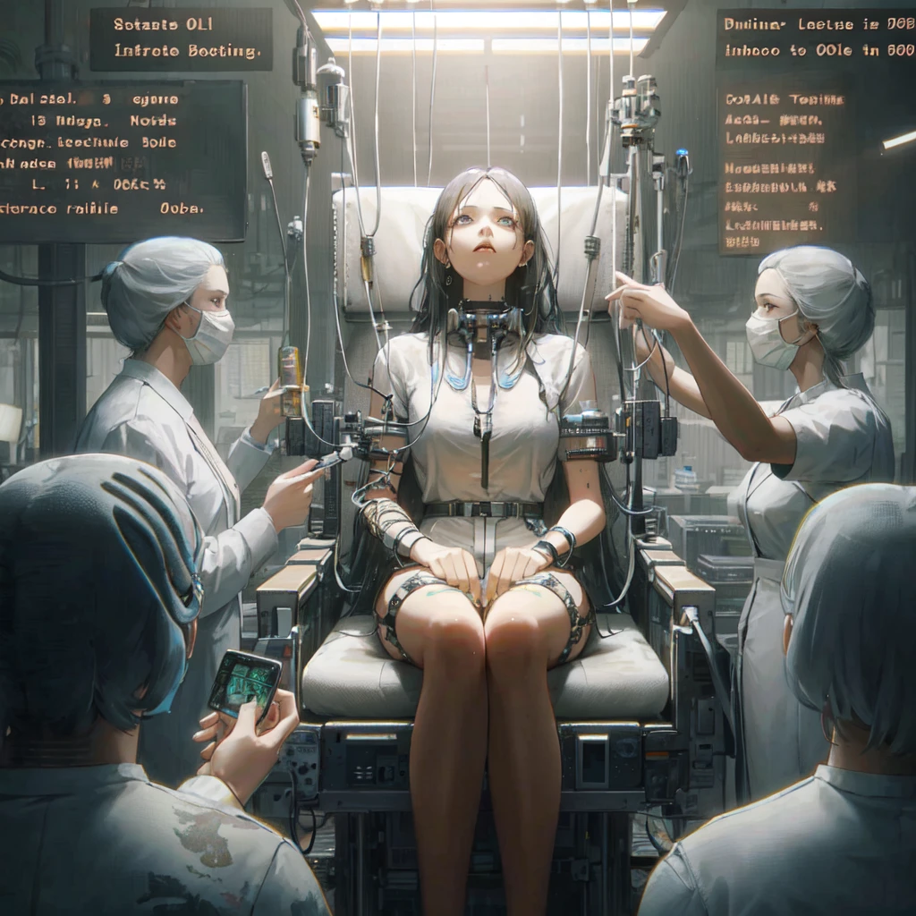 there is a woman wearing a white shirt and black shorts, long black  hair, sitting on a chair with a lot of medical equipment, doctors doing experience, beetle daily art, hiper-realistic cyberpunk style, beetle art, beetle masterpiece, Reality | beetle, beetle and mike winkelmann, Advanced digital cyberpunk art, beetle artwork, beetle. hyperReality