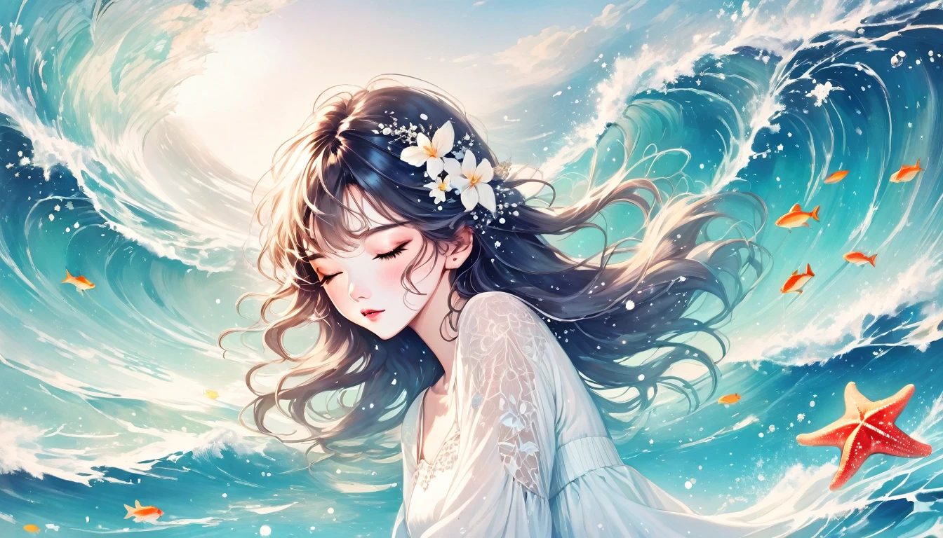 Une fille vêtue d&#39;une robe blanche gisait calmement dans la mer bleue, les yeux fermés. L&#39;eau scintillait de vagues bleues. Sa peau est d&#39;un blanc éclatant, avec de petits poissons, Étoile de mer, illustration artistique, Ophélie, style instagram, jeunes et belles modèles féminins chinois, Style patinoire Kawaguchi, ventilation, Mercure, Lumière naturelle, Style de conception de visualisation de données, et de beaux détails