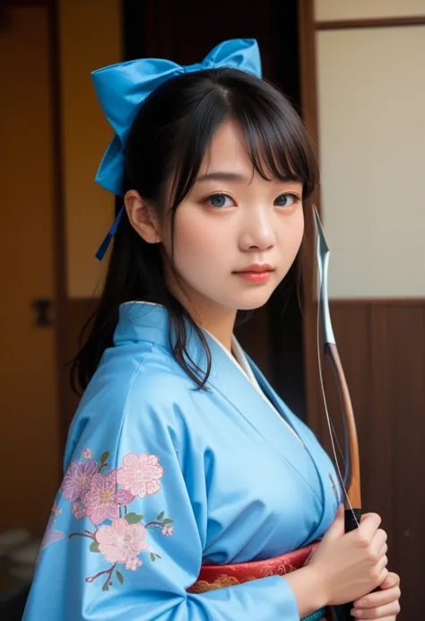 ((best qualityer)), ((work of art)), (detailded),  a 30 year old asian woman with blue eyes wearing a kimono, with a bow and arr...