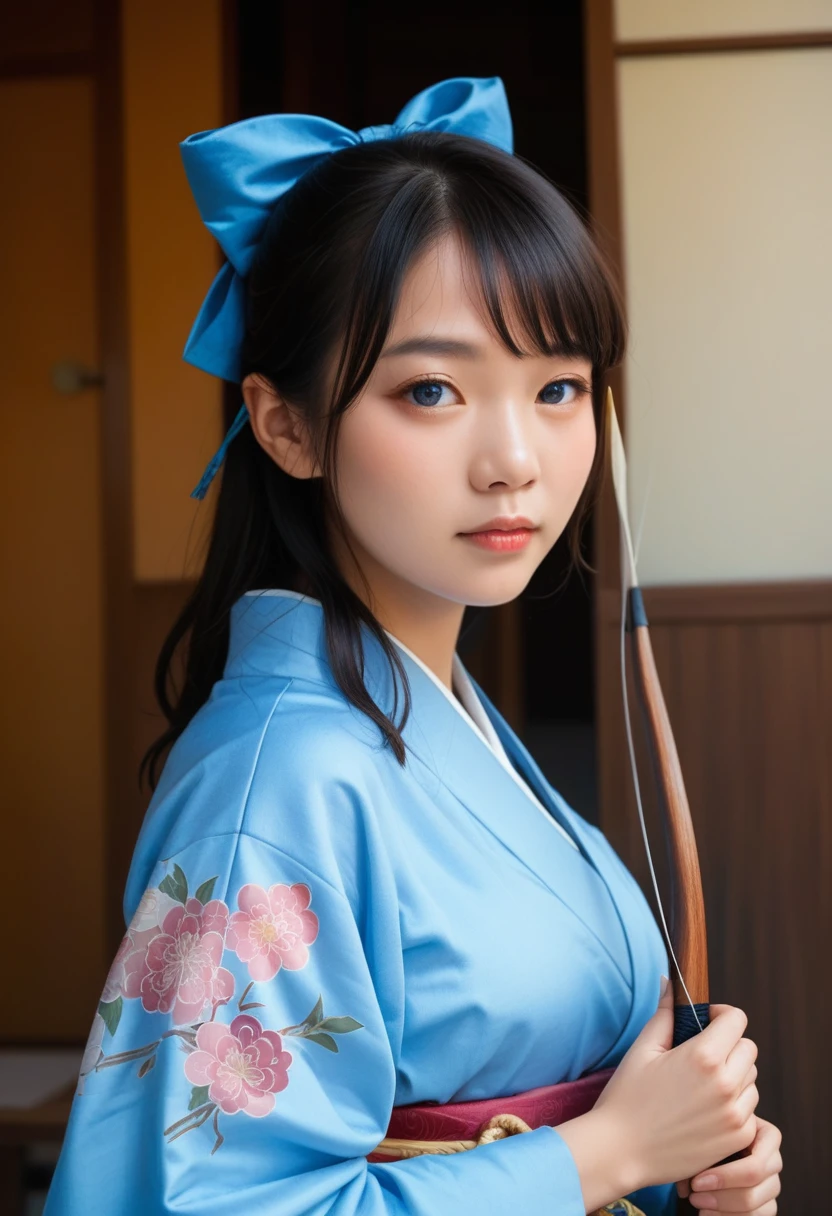 ((best qualityer)), ((work of art)), (detailded),  a 30 year old Asian woman with blue eyes wearing a kimono, With a bow and arrow in his hand.