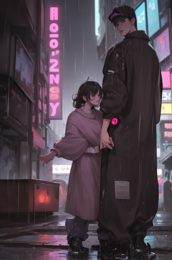 (Masterpiece, Best Quality, high resolution, 32k drive wallpaper, Extremely detailed CG:1), (weak illustration on stage:1.0), ((1 young handsome cyberpunk:1.5 dancing in the rain:1.7 )),(( cyberpunk night city:1.4)), neon signs futuristic cars,dark place rain, ((wet clothes magenta neon lights perfectly illuminating the young man:1.45) . 32k