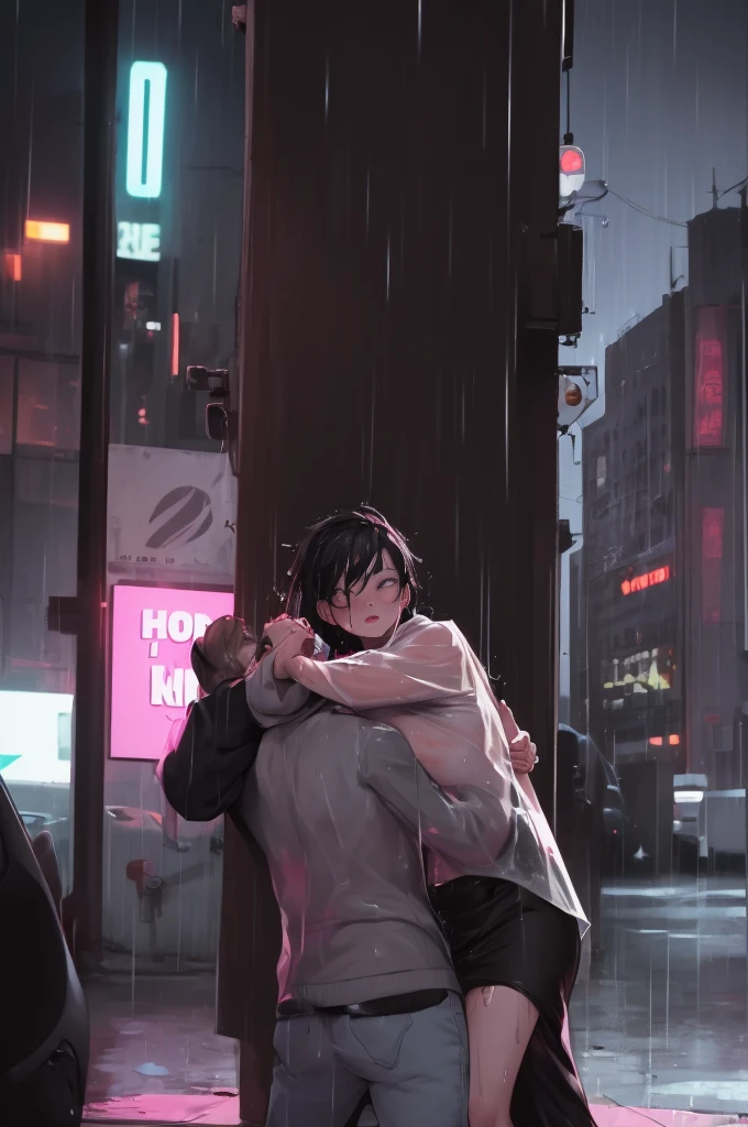 (Masterpiece, Best Quality, high resolution, 32k drive wallpaper, Extremely detailed CG:1), (weak illustration on stage:1.0), ((1 young handsome cyberpunk:1.5 dancing in the rain:1.7 )),(( cyberpunk night city:1.4)), neon signs futuristic cars,dark place rain, ((wet clothes magenta neon lights perfectly illuminating the young man:1.45) . 32k