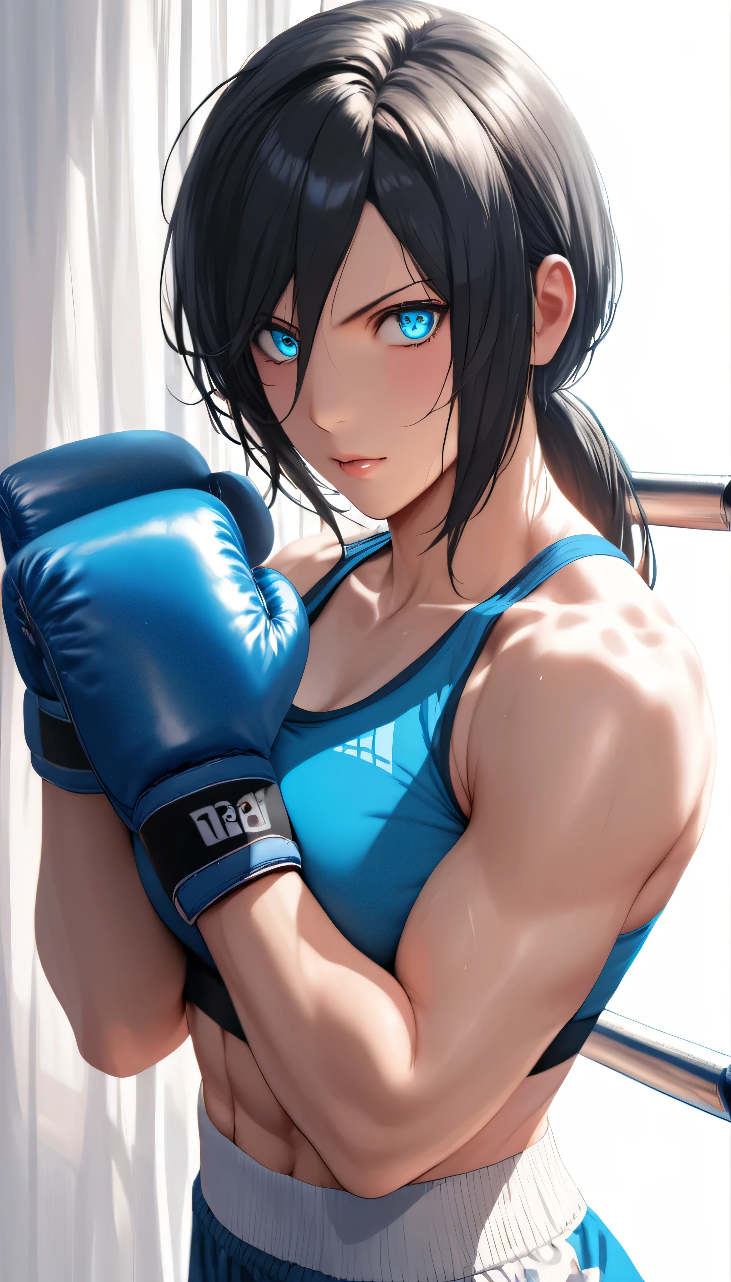 (hews art style:0.7), score_9, score_8_up, score_7_up, score_6_up, score_5_up, score_4_up, 1 girl, 23 years old, long black hair, handsome face, toned, sports bra, boxing gloves, punching, high quality, masterpieceBREAK (masterpiece:1.2), best quality, high resolution, (illustration:0.8), (detailed eyes:1.3), perfect lighting, (perfect hands, perfect anatomy) 