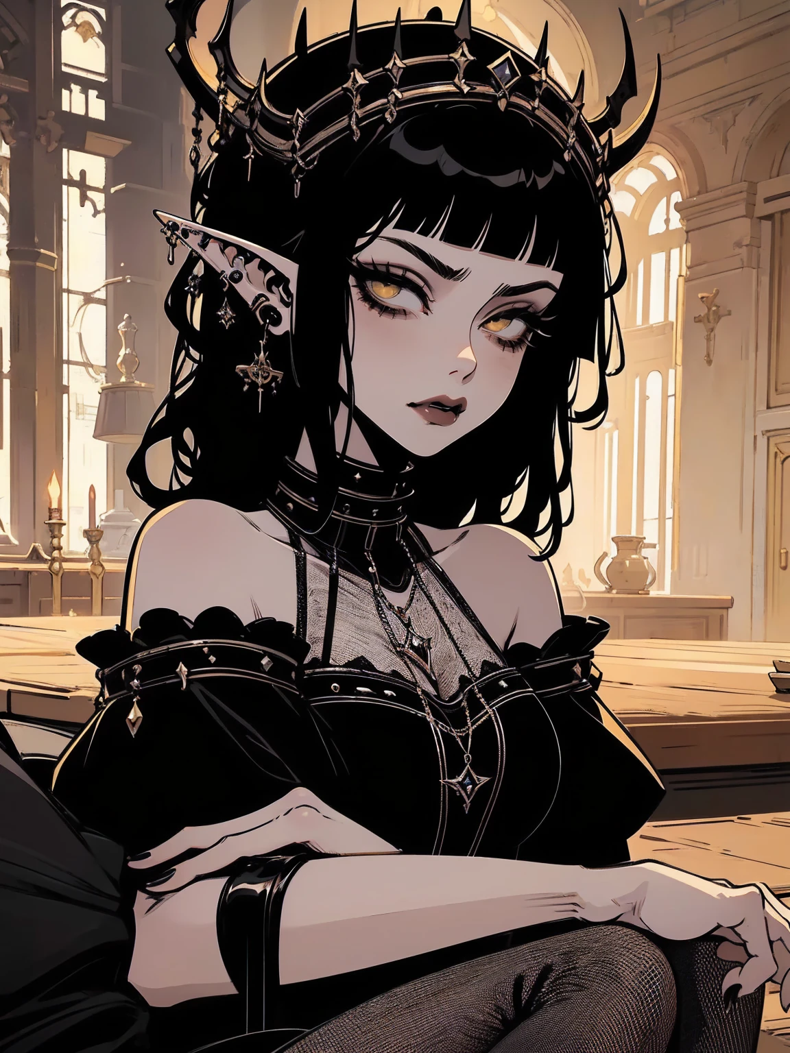 high détail, work of art, dramatic lighting(absurderes, high resolution, ultra detaild), extremely detailed 8k CG unit. mature face, adult Woman, Woman, mature Woman, elf, piercings, Short Wavy Black Hair and Bangs, (black hair), fangs, yellow eyes, modest black clothes, mad expression, whole body, sitting on the ground