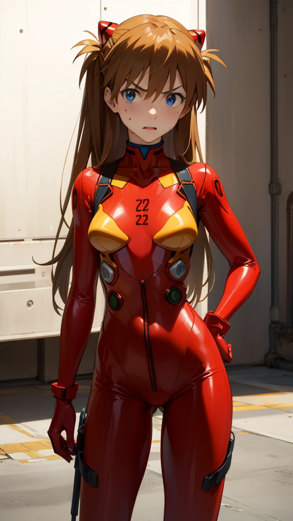 asukalangley, asuka langley soryu, (souryuu asuka langley:1.2), long hair, bangs, blue eyes, brown hair, hair ornament,
BREAK bodysuit, pilot suit, plugsuit, (red bodysuit:1.5), interface headset,
indoor,(((shadow)))
BREAK looking at viewer, (cowboy shot:1.5),,sweating,angry
