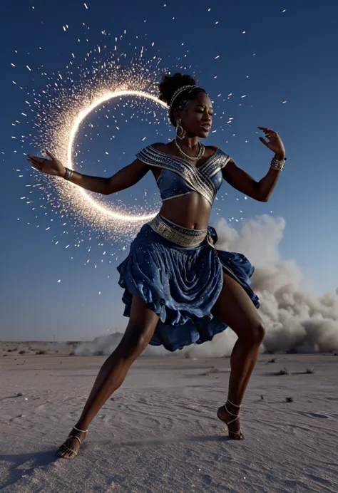 Black woman dressed in african designed clothes dancing and kicking dust in the middle of the desert as she dances, dust creatin...