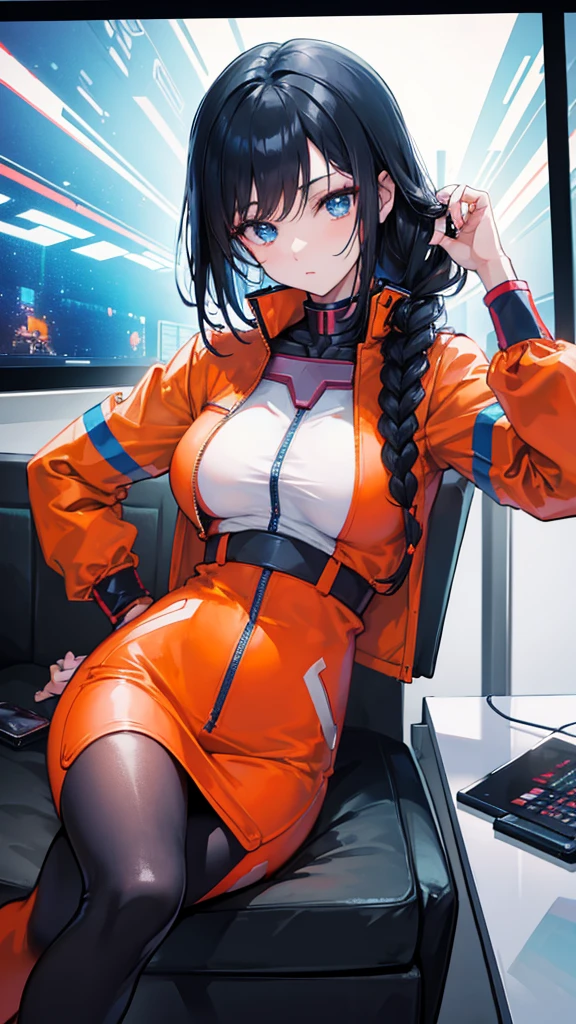 Surrealism，A female，gundam pilot，lipstick，Black Hair，Surrounding fluorescent screen，Wearing orange space suit，side braid，Mature，Sexy，Blue eyes，sitting in driver&#39;s seat，Look to the right，Drink coffee