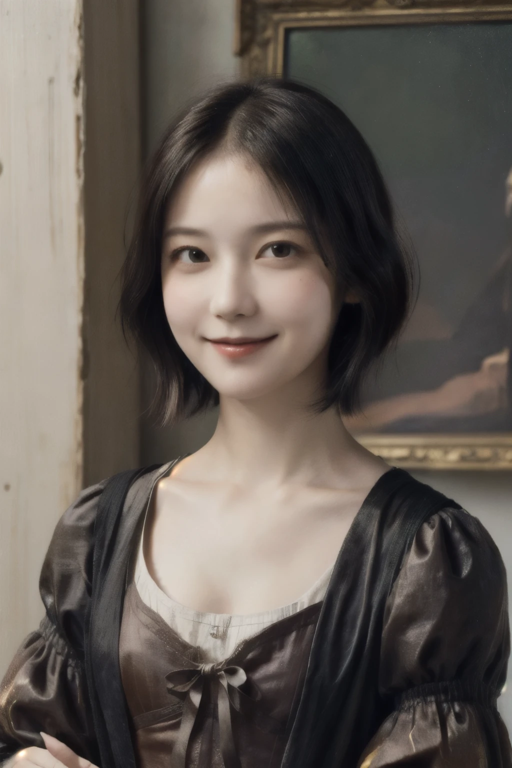 262 20-year-old female,(Short Hair 46),(Genuine,chest:1.5),Old-fashioned smile,(Paintings by Leonardo da Vinci),flower