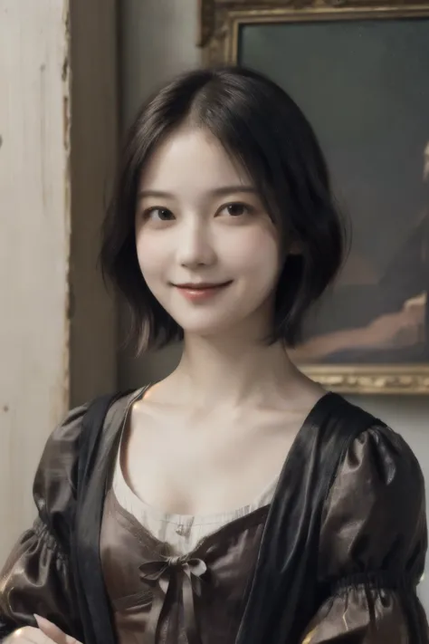 262 20-year-old female,(short hair 46),(genuine,chest:1.5),old-fashioned smile,(paintings by leonardo da vinci),flower