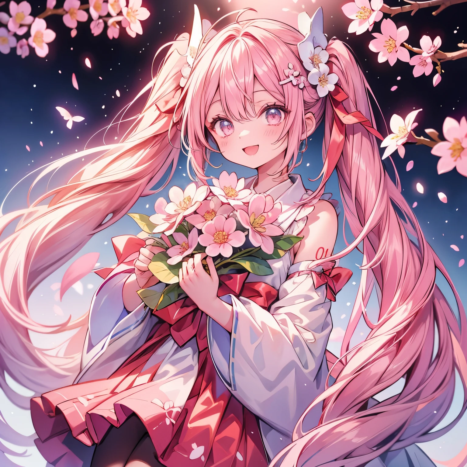 Sakura Miku、smile、Open your mouth、Particles of light、Observe the audience、Look at this、Cherry blossom background
