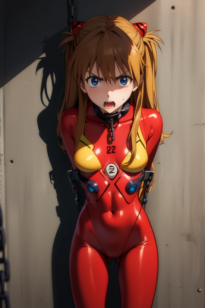 asukalangley, asuka langley soryu, (souryuu asuka langley:1.2), long hair, bangs, blue eyes, brown hair, hair ornament,
BREAK bodysuit, pilot suit, plugsuit, (red bodysuit:1.5), interface headset,
,(((prison,shadow)))
BREAK looking at viewer, (cowboy shot:1.5),,sweating,(((angry))),(((restrained,chain:1.3),open legs,spread legs