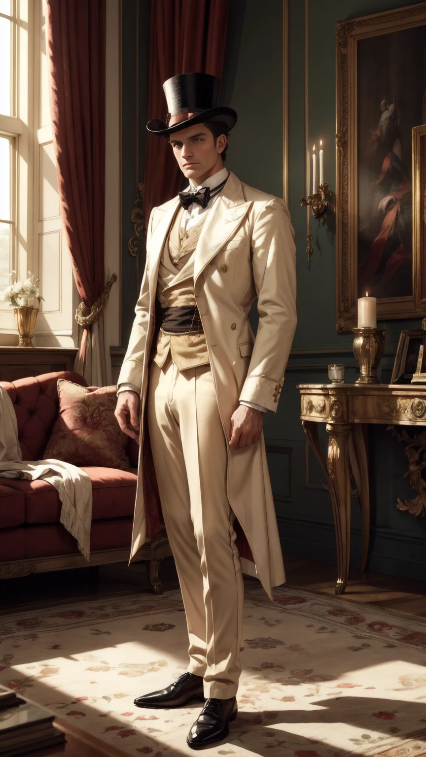 The image and related scenes of an aristocratic duke in the Victorian era. In terms of the main content, the Duke's temperament is elegant, elegant, his eyes are deep and wise, his facial lines are strong and exquisite, he wears gorgeous and exquisite aristocratic clothes, wears a high-top hat, and holds an exquisite walking stick. The environment is set in the luxurious living room of the magnificent Duke's Mansion, with gorgeous carpets, exquisite sculptures and precious works of art. The light outside the window is soft and warm, and there may be servants standing respectfully. Emotionally, the atmosphere creates a noble, elegant and solemn atmosphere, highlighting the majesty and power of the duke and the elegance of the times. In terms of light effect, natural light forms soft light and shadow, highlighting the gorgeousness of clothing and decorations, and forming a contrast of light and shade in the room to increase the sense of hierarchy. The color matching is mainly black, gold and red, and dark furniture and decorations, reflecting the luxury and solemnity of the aristocracy. The perspective and viewpoint are positive or slightly sideways, and the shooting from a slightly lower angle adds a sense of dignity. The composition layout is centered on the Duke, the furniture and decorations are reasonably arranged, and the lines are used to guide the audience's vision. The artistic style chooses classical realism, carefully depicting details, or emphasizing atmosphere and emotion with romantic elements. The camera setting uses a high-quality camera and a small aperture to ensure that the picture is clear. The image quality focuses on the exquisiteness of the duke's clothing and medals. It clearly presents the texture of decorations and works of art, and ensures that the rich color truly reflects the characteristics of the times.,Mature German, arm hair, ! Skinny and tall！（Chest hair：1.8） ！ High detail 8K)! ((Realistically)), ! 186 cm! 70 kilograms! Popular clips!