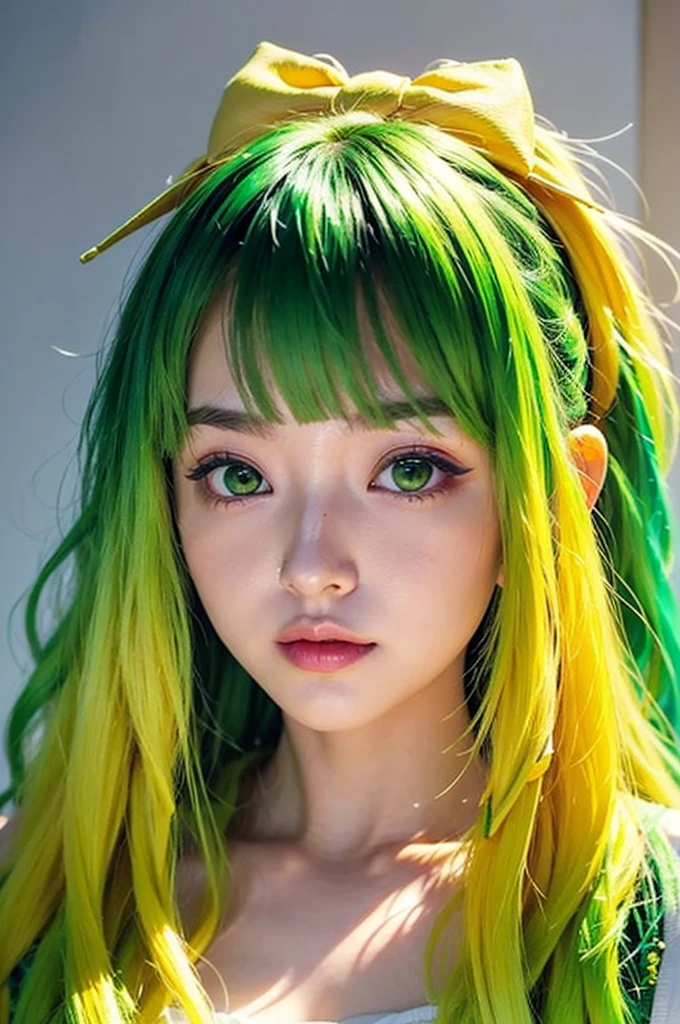 (banchan is 1girl: 1.0), (green eyes_0.9), (green hair_0.8), (yellow hair_0.7), (Ombre hair_0.4), (hair bow_0.5), Charming light, fully visible 