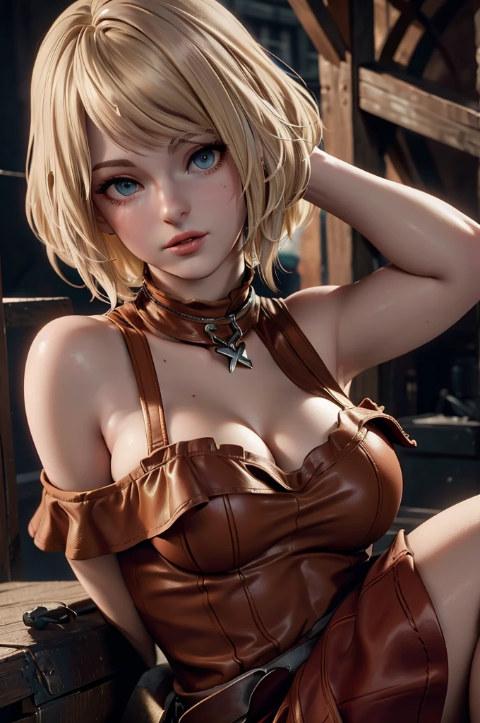 Ashley Graham cute girl re4,highest quality, masterpiece, ultra high resolution, (realistic: 1.4), , 1 girl, off shoulder, cinematic lighting, huge tits nude , heterochromia, blonde hair long ,
