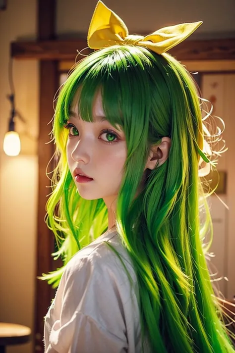 (banchan is 1girl: 1.0), (green eyes_0.9), (green hair_0.8), (yellow hair_0.7), (ombre hair_0.4), (hair bow_0.5), charming light...