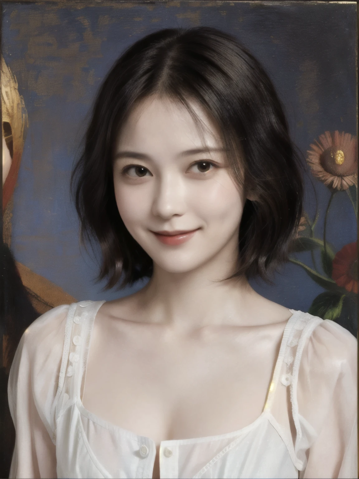 262 20-year-old female,(Short Hair 46),(Genuine,chest:1.5),Old-fashioned smile,(Paintings by Leonardo da Vinci),flower