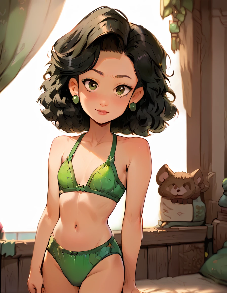 Ming Lee, Bblack hair, eyes browns, Tilt your head, cowboy shot, bared shoulders, Ming Lee, 1 girl, standing alone, ((green bikini)), gazing at viewer, all-body, standing, pose, best quality, no flaws