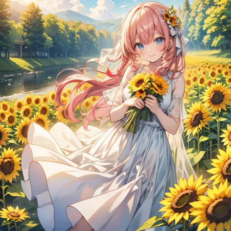 megurine luka、wearing a sheer dress、covered with a transparent white cloth、have a bouquet of sunflowers、laughing happily、surroun...