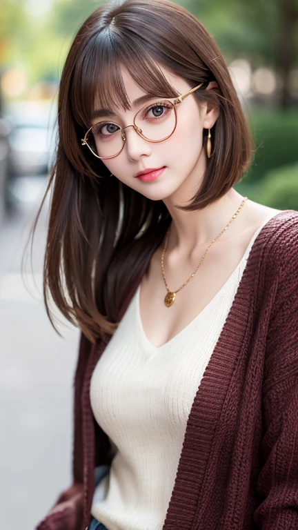 gorgeous adult woman, long neck, long short hair, bangs, perfect eyes eyes, soft light, high quality, 4k resolution, casual clothes, bead necklace, knit cardigan, over-rim eyewear, bespectacled